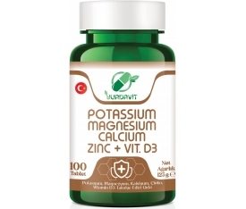 Yurdavit Potassium Magnesium Calcium Zinc Vitamin D3 100 Tablet Potasyum Magnezyum Kalsiyum Çinko D3 Vitamini 