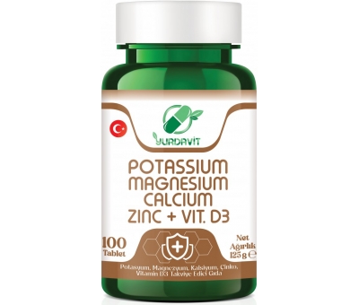 Yurdavit Potassium Magnesium Calcium Zinc Vitamin D3 100 Tablet Potasyum Magnezyum Kalsiyum Çinko D3 Vitamini 